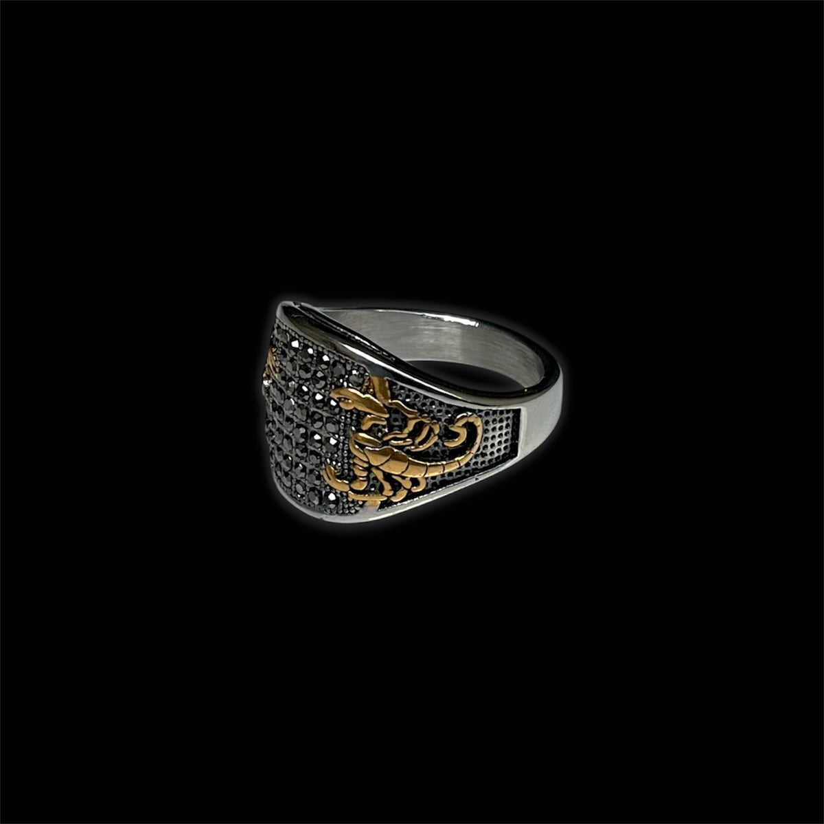 SCORPION SIGNET RING V2 (SILVER & GOLD + BLACK CRYSTALS)