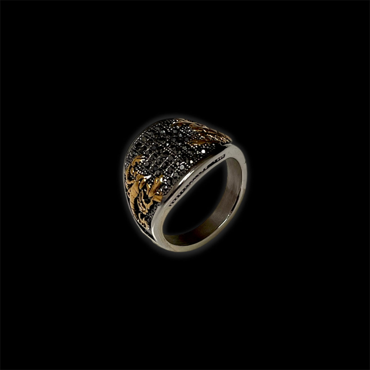SCORPION SIGNET RING V2 (SILVER & GOLD + BLACK CRYSTALS)