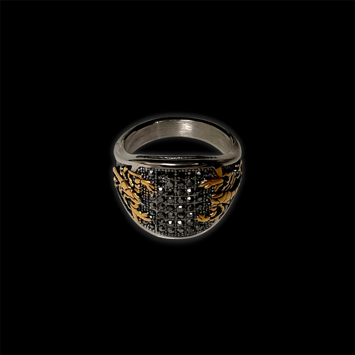 SCORPION SIGNET RING V2 (SILVER & GOLD + BLACK CRYSTALS)