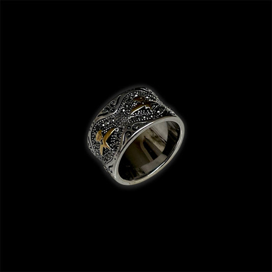 EAGLE SIGNET RING V3 (SILVER & GOLD + BLACK CRYSTALS)