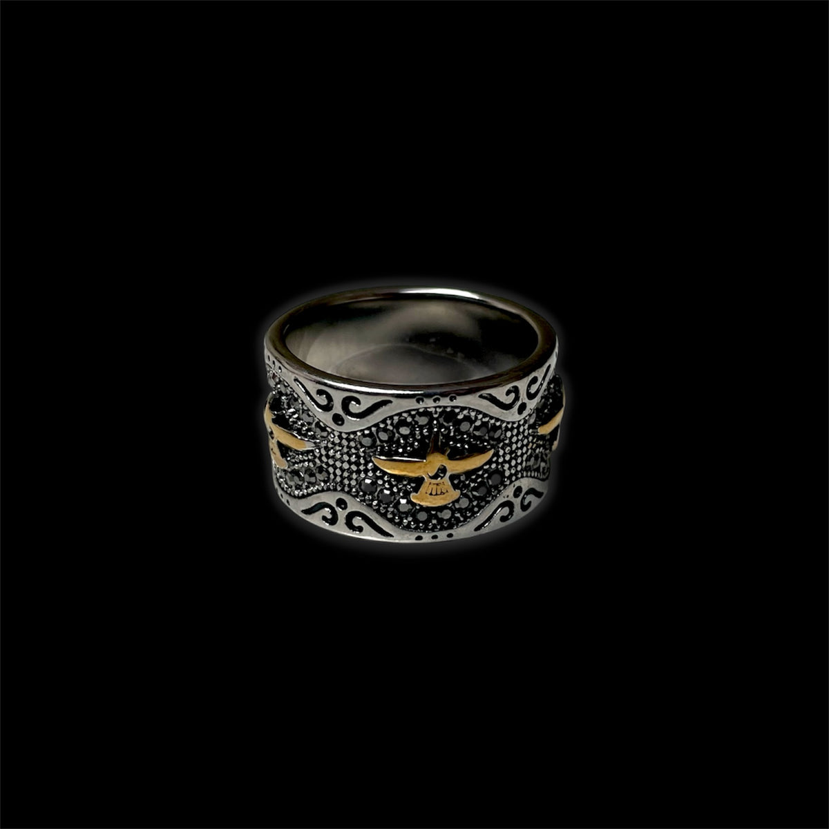EAGLE SIGNET RING V3 (SILVER & GOLD + BLACK CRYSTALS)