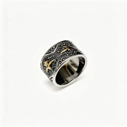 EAGLE SIGNET RING V3 (SILVER & GOLD + BLACK CRYSTALS)